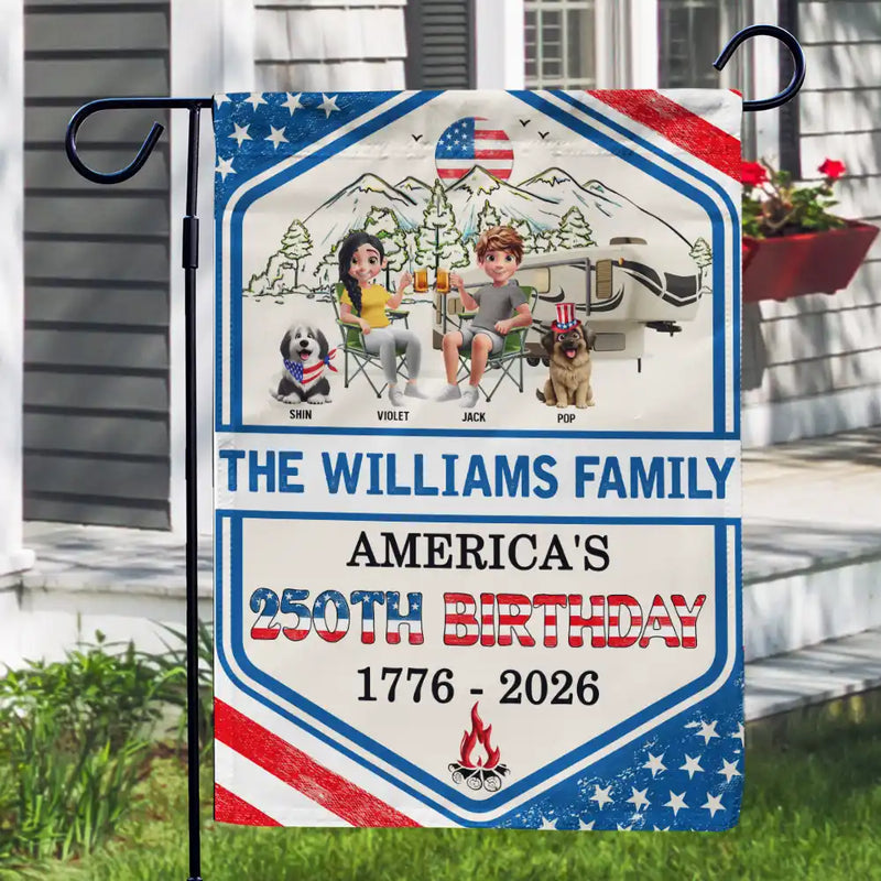 Independence Day, America 250th, amily, Camping, Happy - Stars And Stripes Camping Family 250th Anniversary - Personalized Flag