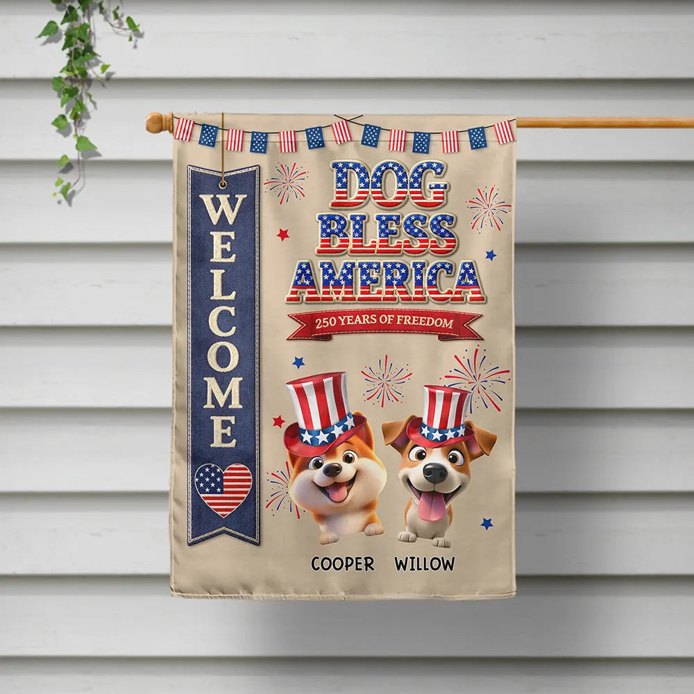 Independence Day,America 250th,Dog Lovers,Dog Mom,Dog Dad,Family,Happy,Cat Lovers,Cat Mom,Cat Dad,Pet Lovers,Pet Mom,Pet Dad - Stars And Stripes Dog Bless America - Personalized Flag