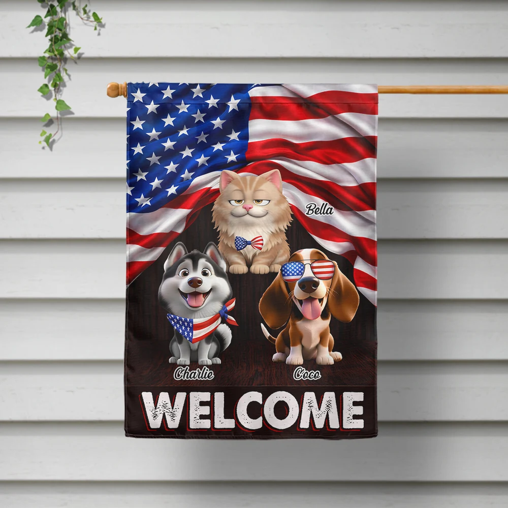 Pet Lovers,Dog Lovers,Cat Lovers,Family,Happy,Top Market,Independence Day - Stars And Stripes Dog Cat Welcome - Personalized Flag