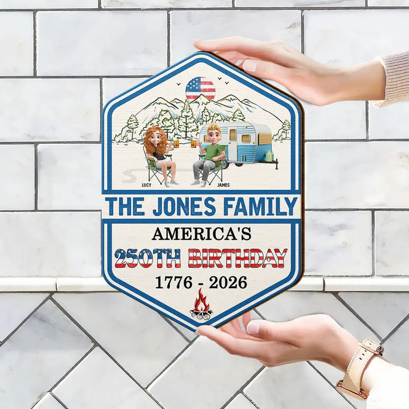 Independence Day, America 250th, Family, Camping, Happy - Stars And Stripes Family Camping On The Fourth Of July - Personalized Custom Shaped Wood Sign