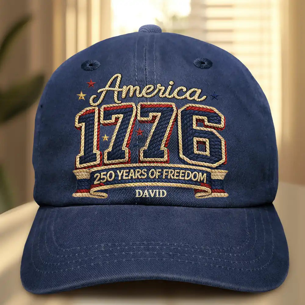 Independence Day, America 250th, Gift For Men, Gift For Women, Gift For Yourself, Happy - Stars And Stripes Faux Embroidery Effect 1776 America - Personalized Vintage Washed Denim Cap