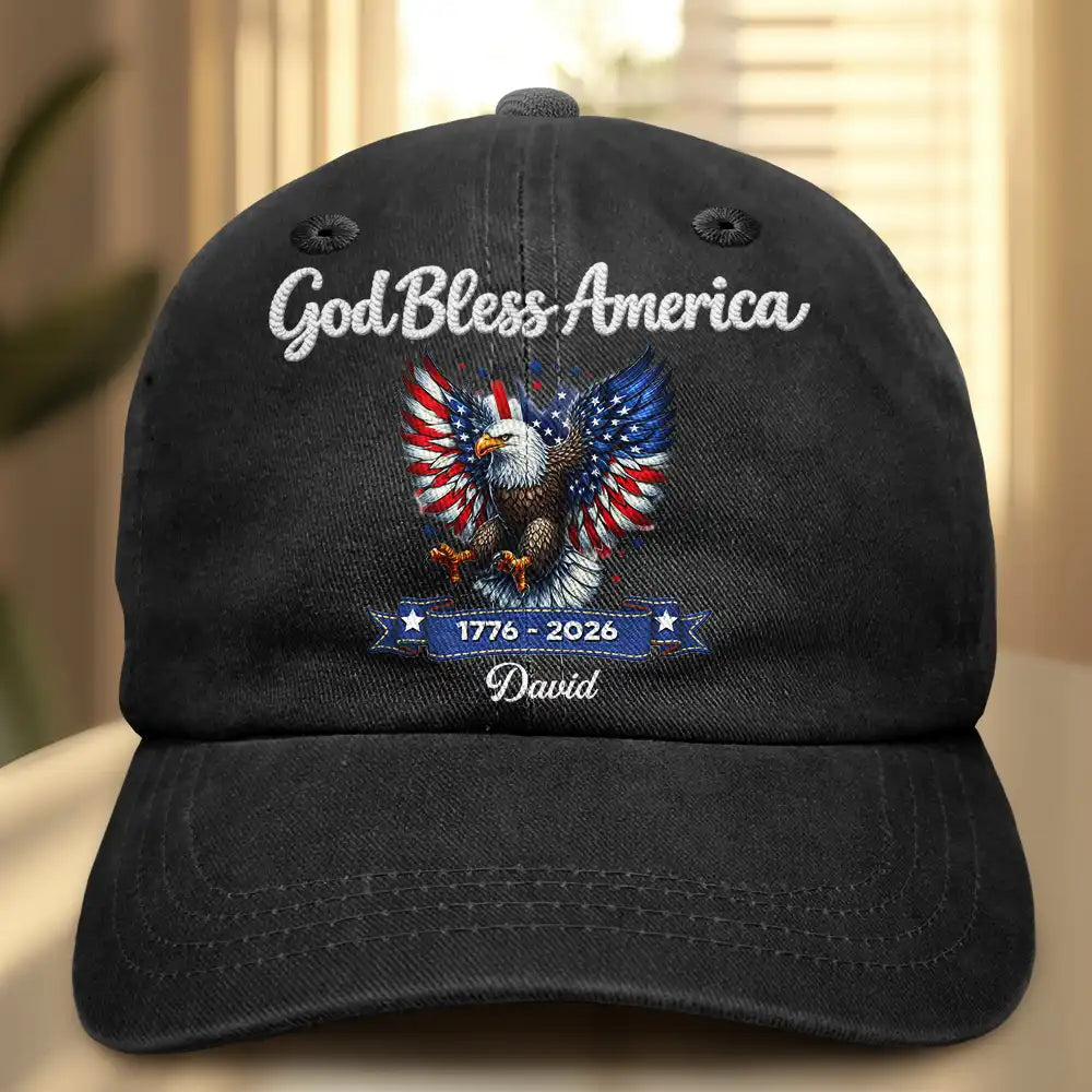 Stars And Stripes Faux Embroidery Effect God Bless America - Personalized Vintage Washed Denim Cap