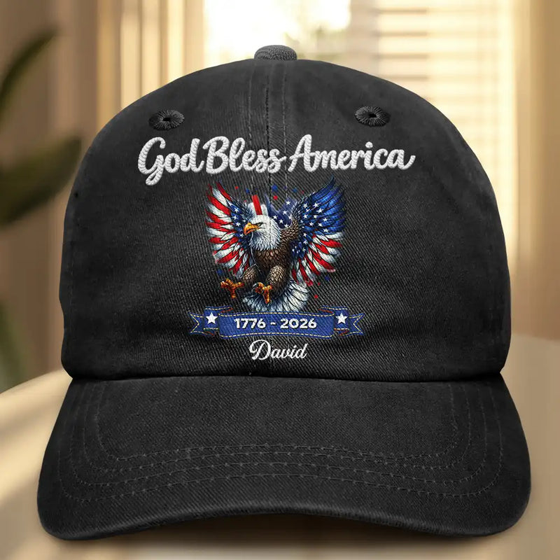 Independence Day,America 250th,Gift For Men,Gift For Women,Gift For Yourself,Happy - Stars And Stripes Faux Embroidery Effect God Bless America - Personalized Vintage Washed Denim Cap