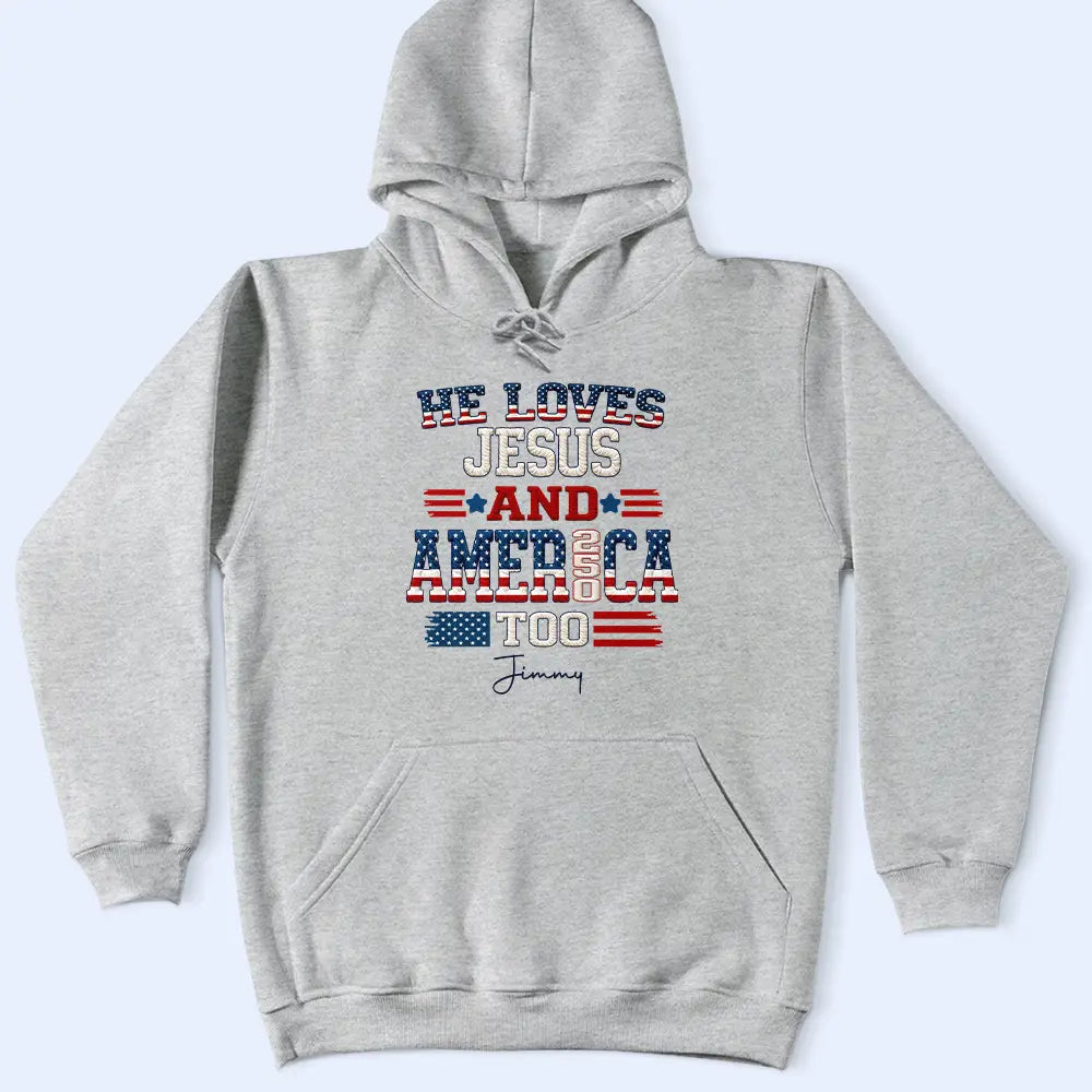 Independence Day, America 250th, Gift For Yourself, Gift For Men, Gift For Women, Happy - Stars And Stripes Faux Embroidery Effect Love Jesus And America - Personalized T Shirt