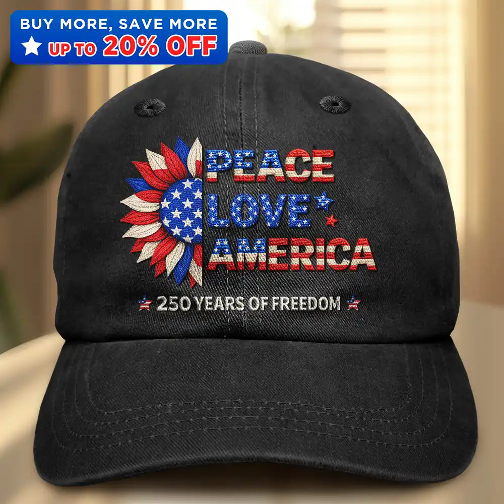 Stars And Stripes Faux Embroidery Effect Peace Love America 250 - Vintage Washed Denim Cap