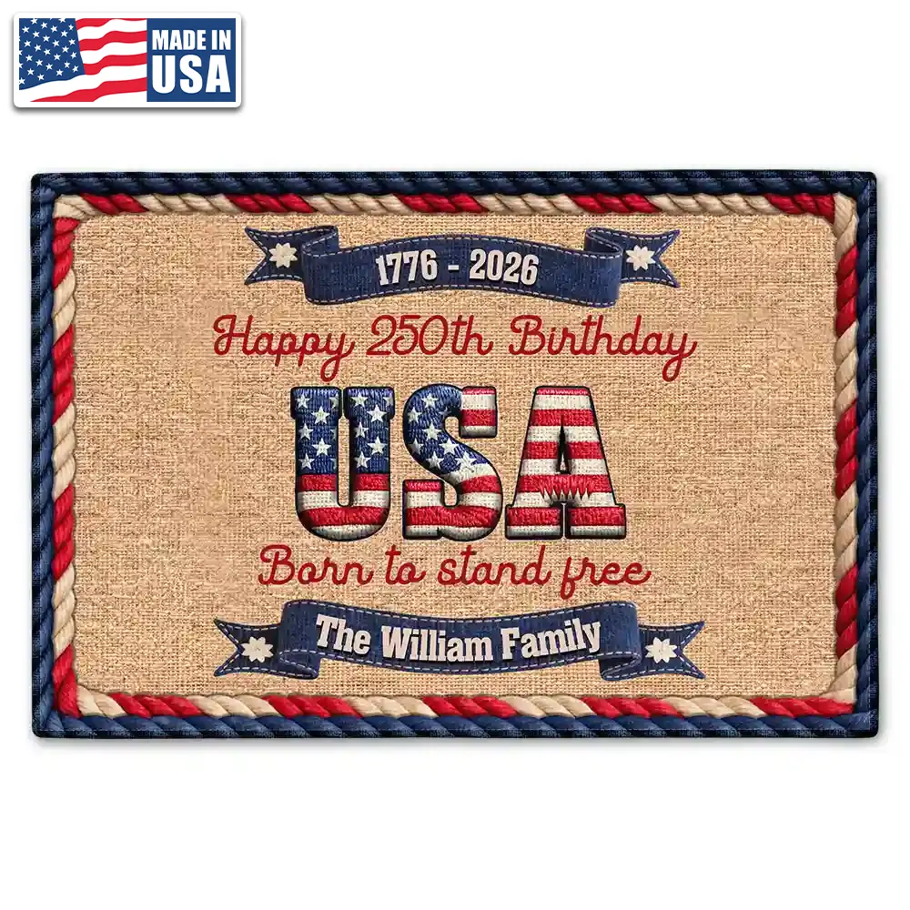 Family,Parents,Gift For Grandparents,Happy - Stars And Stripes Happy USA 250Th Birthday Embroidery Effect - Personalized Doormat