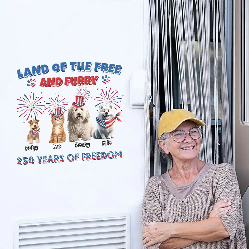 America 250th, Pet Lovers, Dog Lovers, Cat Lovers, Happy, Independence Day - Stars And Stripes Land Of The Free And Furry - Personalized Decor Decal