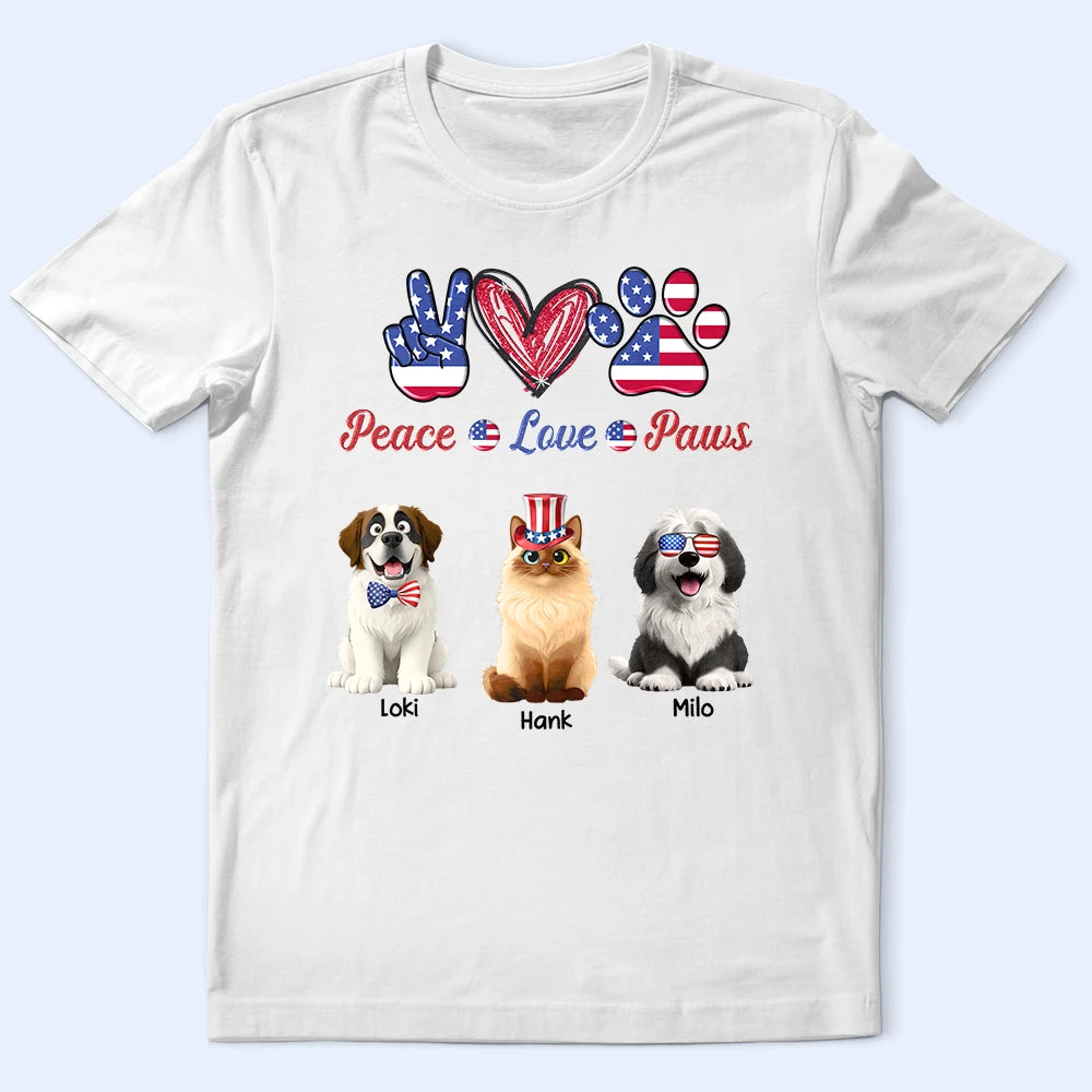 Stars And Stripes Peace Love Cats - Personalized T Shirt