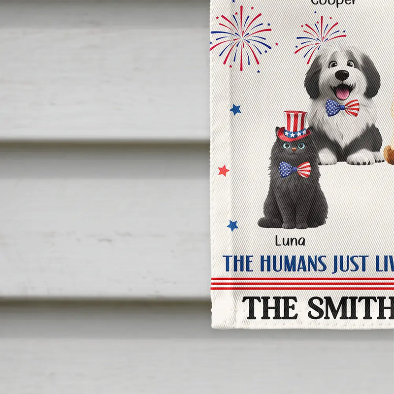 Independence Day,America 250th,Dog Lovers,Dog Mom,Dog Dad,Family,Happy,Cat Lovers,Cat Mom,Cat Dad,Pet Lovers,Pet Mom,Pet Dad - Stars And Stripes Welcome To Our House - Personalized Flag