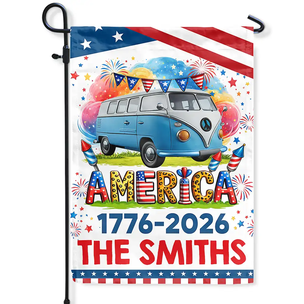 Camping, Campsite, Happy, Independence Day - Stars & Stripes America 250th Camper - Personalized Flag
