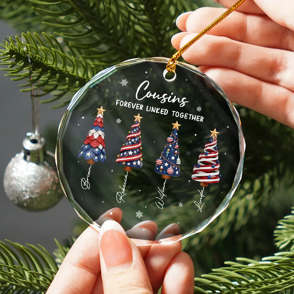 Independence Day,America 250th,Christmas,Gift For Sibling,Cozy,Icon - Stars & Stripes Christmas Tree Brothers & Sisters Forever Linked Together - Personalized Circle Glass Ornament