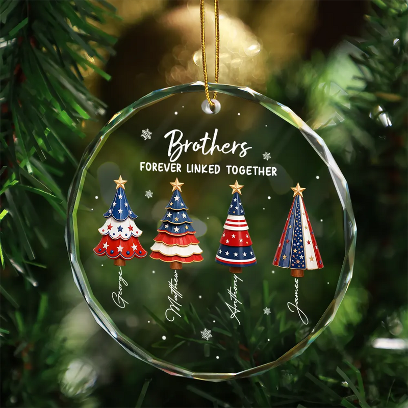 Independence Day,America 250th,Christmas,Gift For Sibling,Cozy,Icon - Stars & Stripes Christmas Tree Brothers & Sisters Forever Linked Together - Personalized Circle Glass Ornament