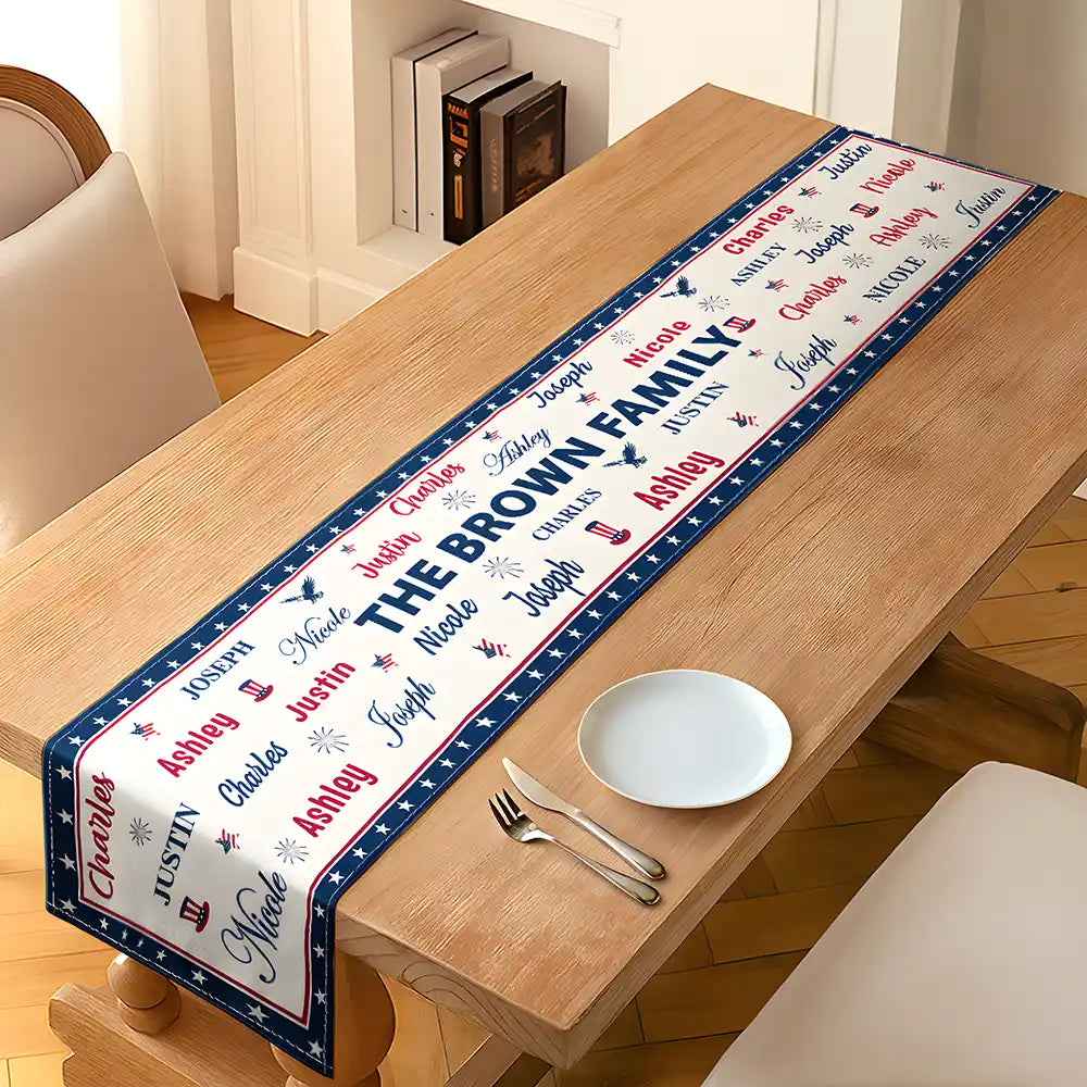 Sentimental, America 250th, Christmas, Family, Custom Text - Stars & Stripes Family Name Christmas - Personalized Table Runner