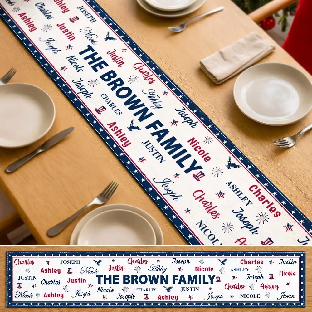 Sentimental, America 250th, Christmas, Family, Custom Text - Stars & Stripes Family Name Christmas - Personalized Table Runner