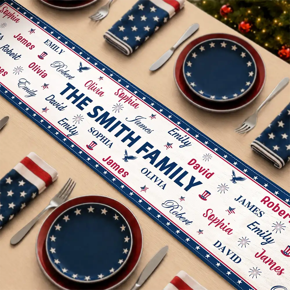 Stars & Stripes Family Name Christmas - Personalized Table Runner