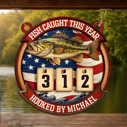 Stars & Stripes Fish Caught This Year - Personalized Hanging Tracker Sign