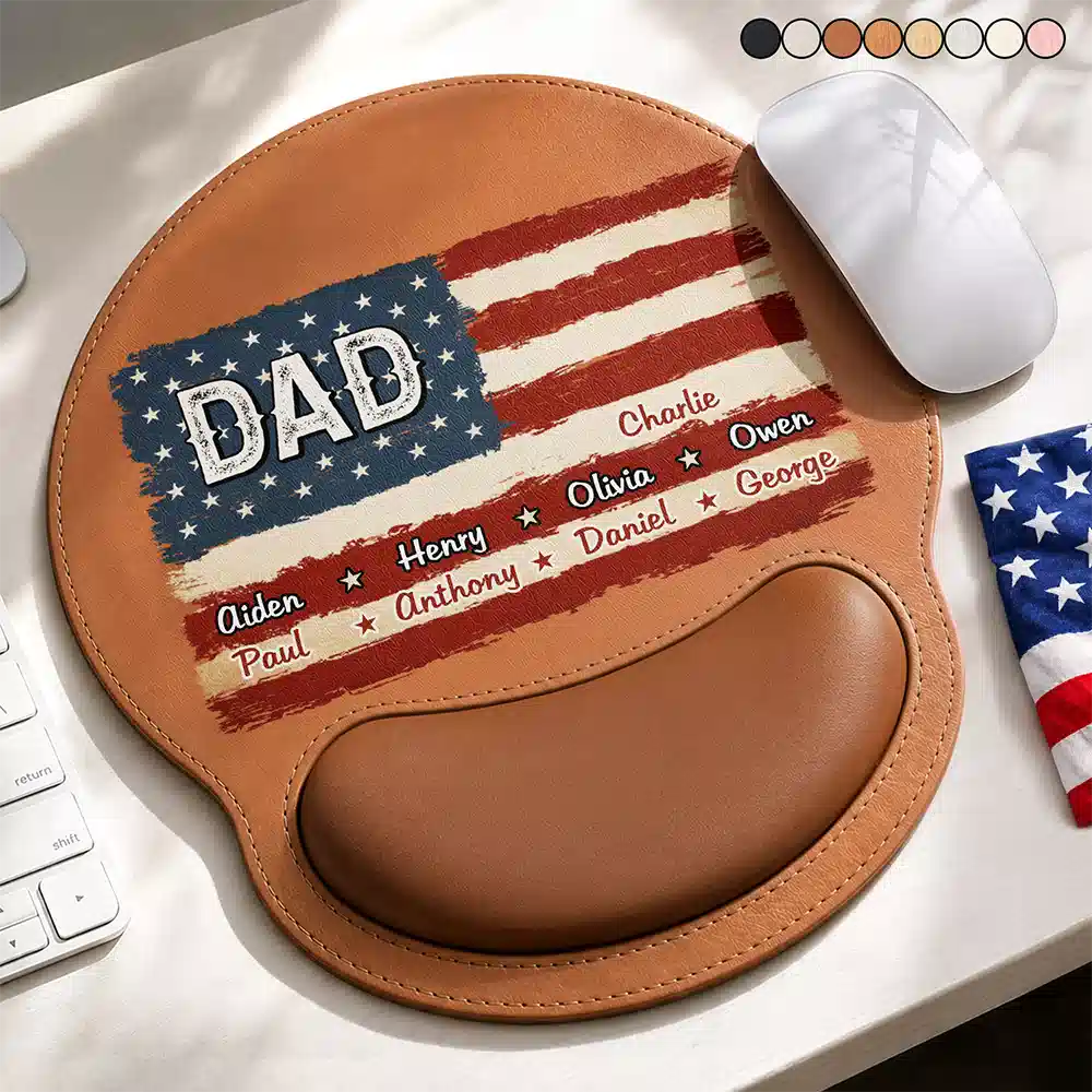 Gift For Father,Independence Day,Proud,Custom Text - Stars & Stripes US Flag American Dad Grandpa - Personalized Leather Mouse Pad