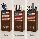Gift For Father,America 250th,Independence Day,Proud,Custom Text - Stars & Stripes US Flag American Dad Grandpa - Personalized Pen Holder With Clock