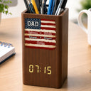 Gift For Father,America 250th,Independence Day,Proud,Custom Text - Stars & Stripes US Flag American Dad Grandpa - Personalized Pen Holder With Clock