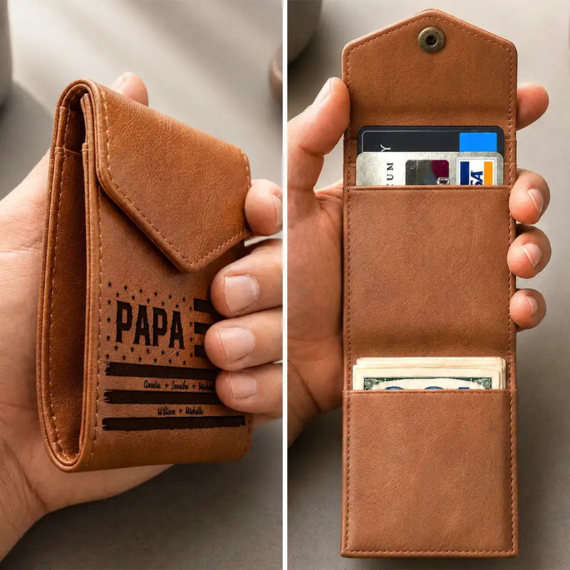 Gift For Father, Independence Day, Proud, Custom Text - Stars & Stripes US Flag Dad Grandpa - Personalized Leather Slim Wallet