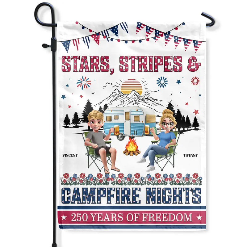 Gift For Couples,Gift For Husband,Gift For Wife,Gift For Boyfriend,Gift For Girlfriend,Gift For Bestie,Gift For Sibling,Gift For Sisters,Gift For Brothers,Camping,Independence Day,Happy - Stars & Stripes & Campfire Nights - Personalized Flag