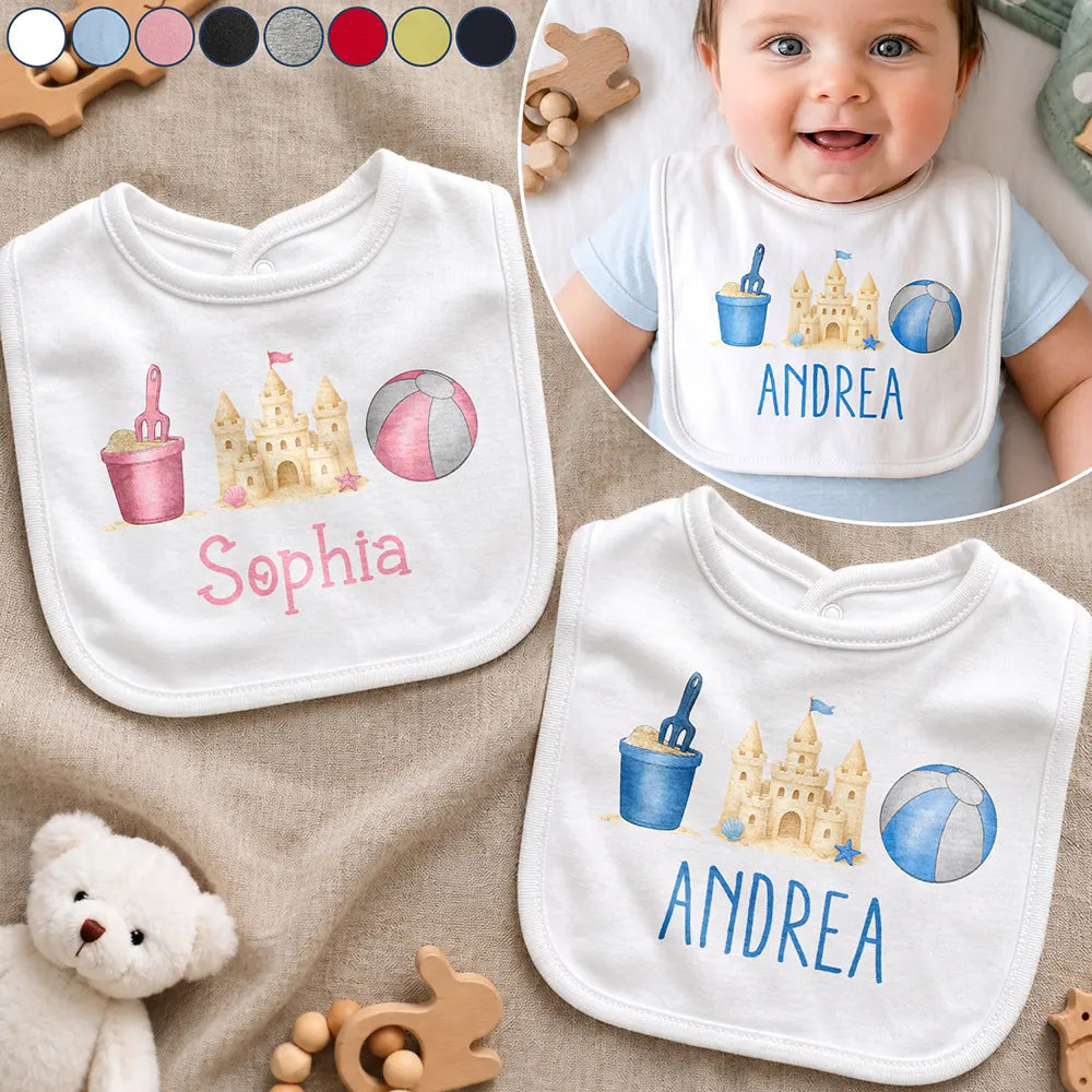 Adorable, New Baby, New Mom, Gift For Mother, Summer, Icon - Summer Beach Toys Trio - Personalized Baby Bib