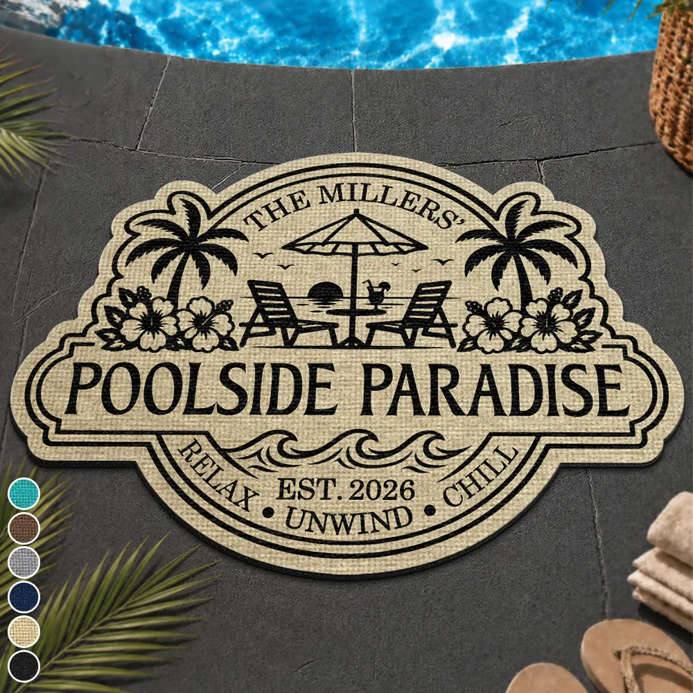 Top Market, Playful, Family, Summer, Poolside, Outdoor Decor, Icon - Summer Family Welcome To Our Poolside Paradise - Personalized Custom Shaped Doormat