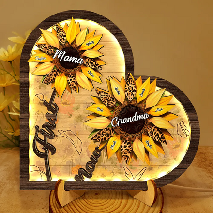 Sunflower First Mom Now Grandma - Personalized LED Light Wooden Plaque