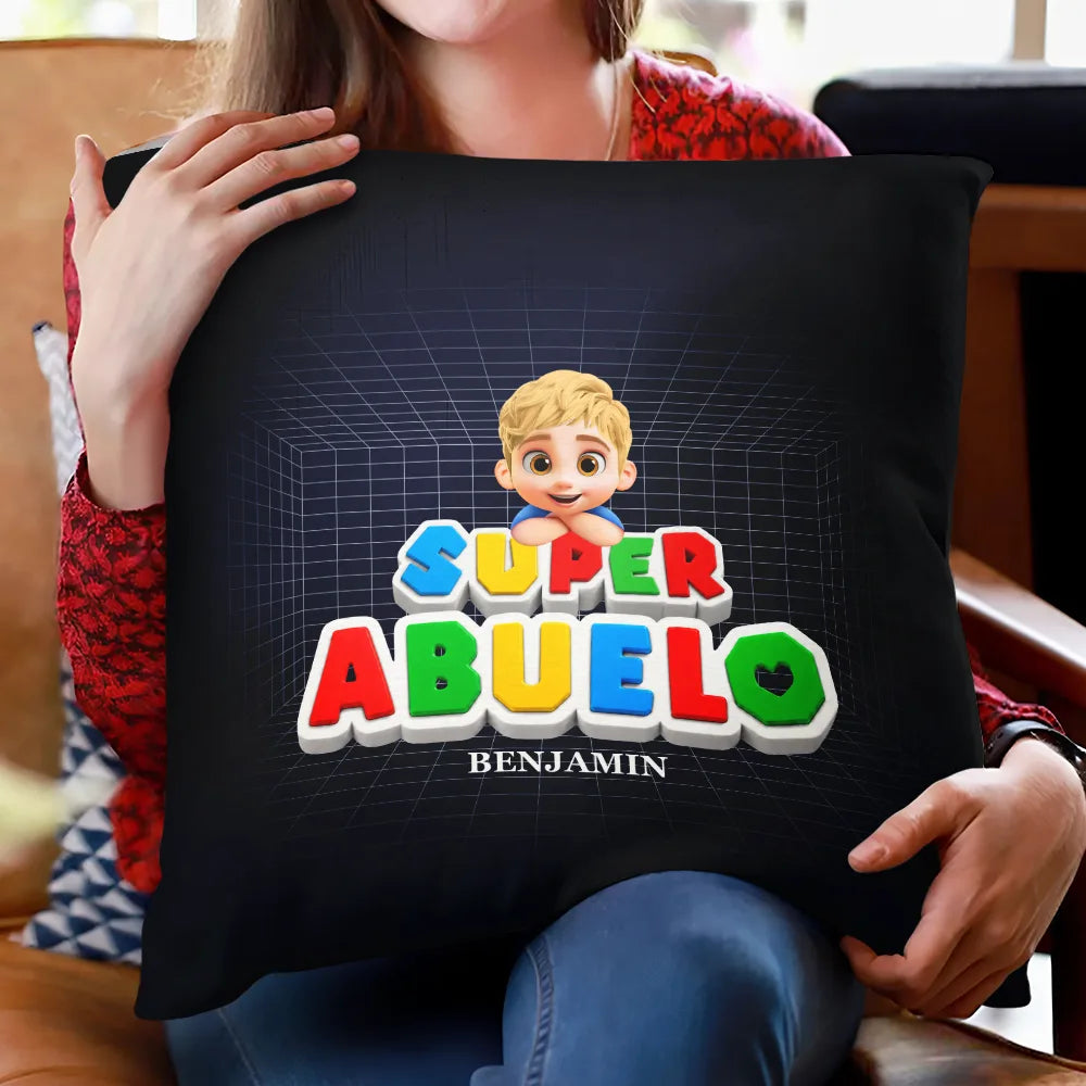 Gift For Father,Non-Eng,Vector,Adorable - Super Dad Papa Arcade Retro 3D Effect Custom Kid Names - Personalized Pillow