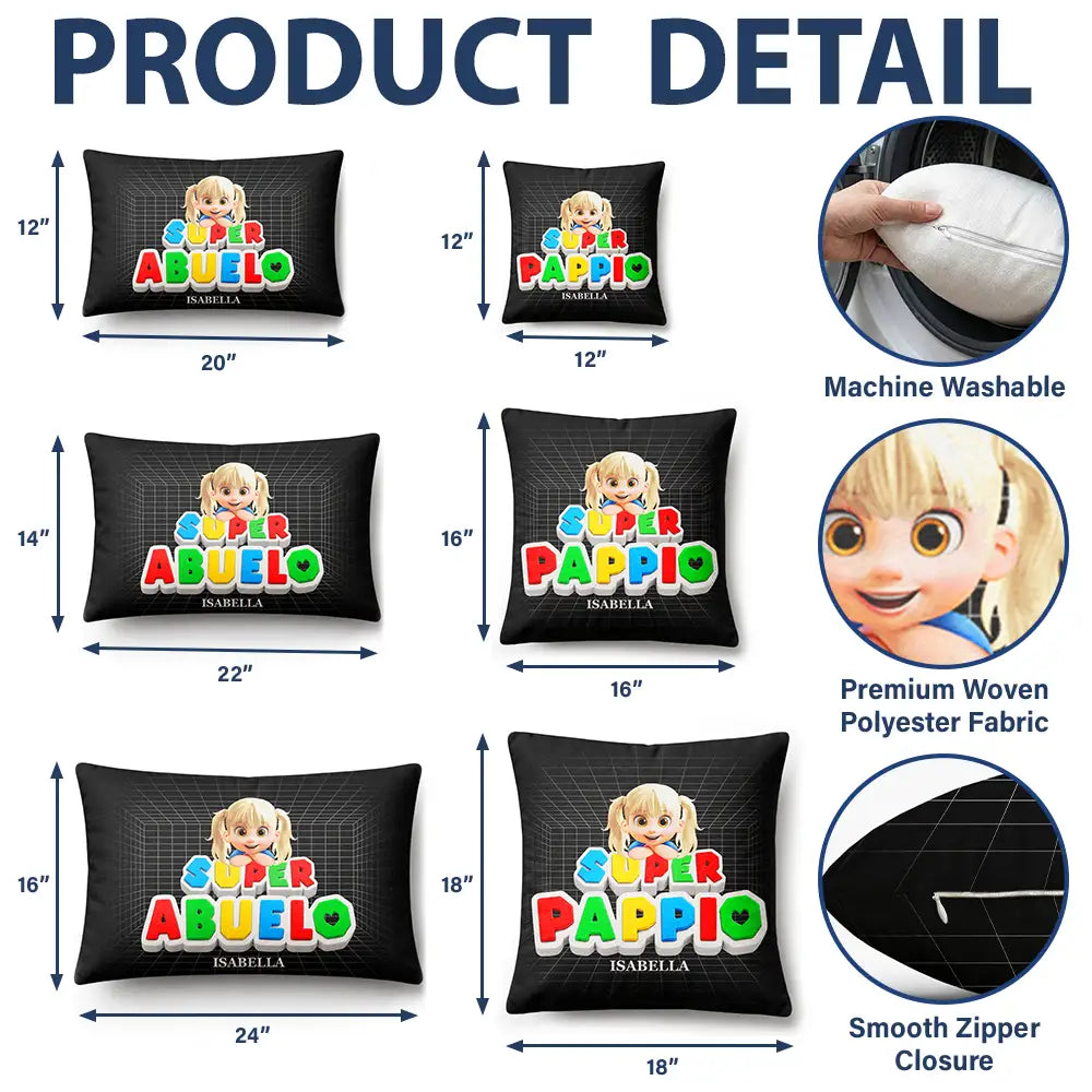 Gift For Father,Non-Eng,Vector,Adorable - Super Dad Papa Arcade Retro 3D Effect Custom Kid Names - Personalized Pillow