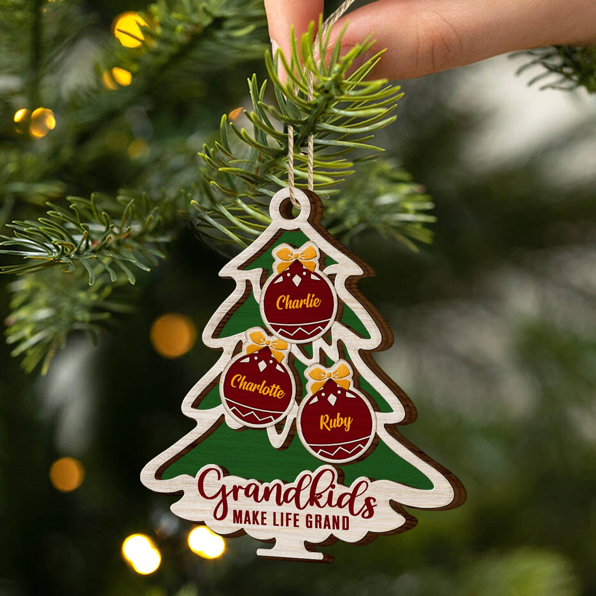 Tree Shape Love Grows Here - Holiday, Xmas, Christmas Gift For Family, Parents, Grandparents - Personalized 2-Layered Wooden Ornament