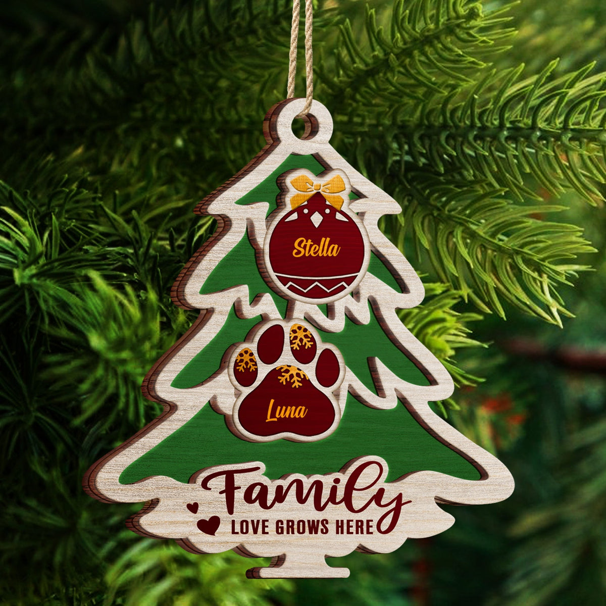 Tree Shape Love Grows Here - Holiday, Xmas, Christmas Gift For Family, Parents, Grandparents - Personalized 2-Layered Wooden Ornament