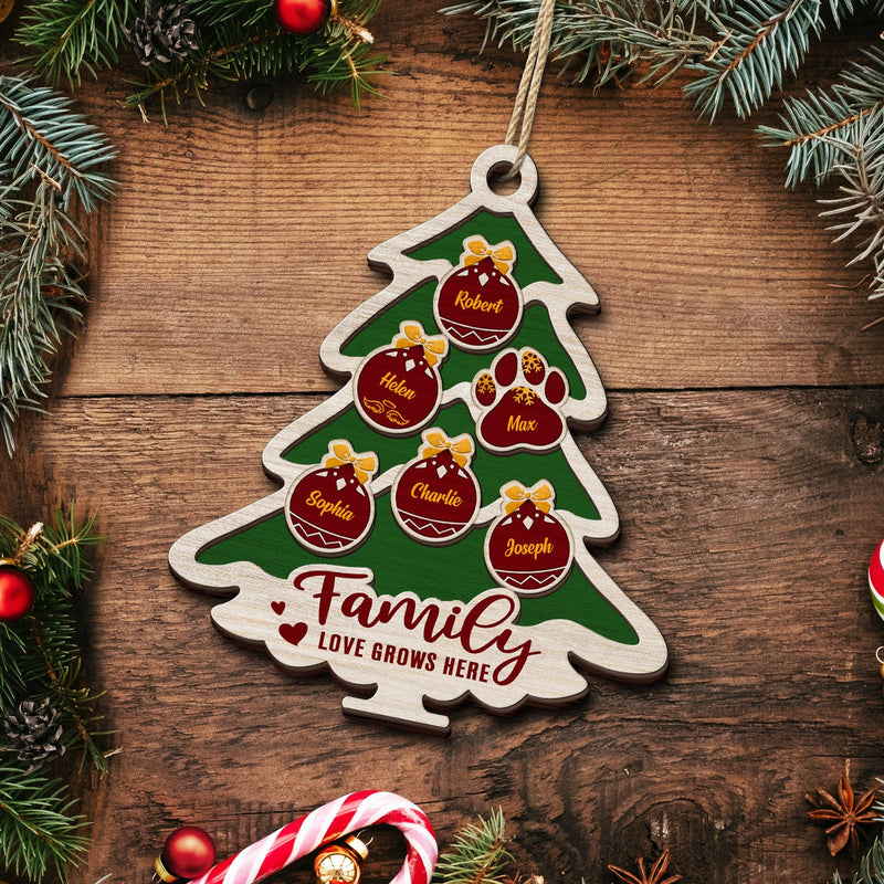 Tree Shape Love Grows Here - Holiday, Xmas, Christmas Gift For Family, Parents, Grandparents - Personalized 2-Layered Wooden Ornament