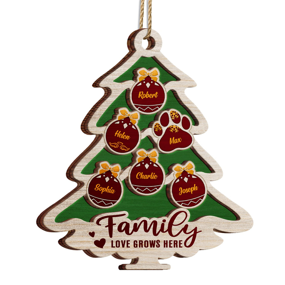 Tree Shape Love Grows Here - Holiday, Xmas, Christmas Gift For Family, Parents, Grandparents - Personalized 2-Layered Wooden Ornament