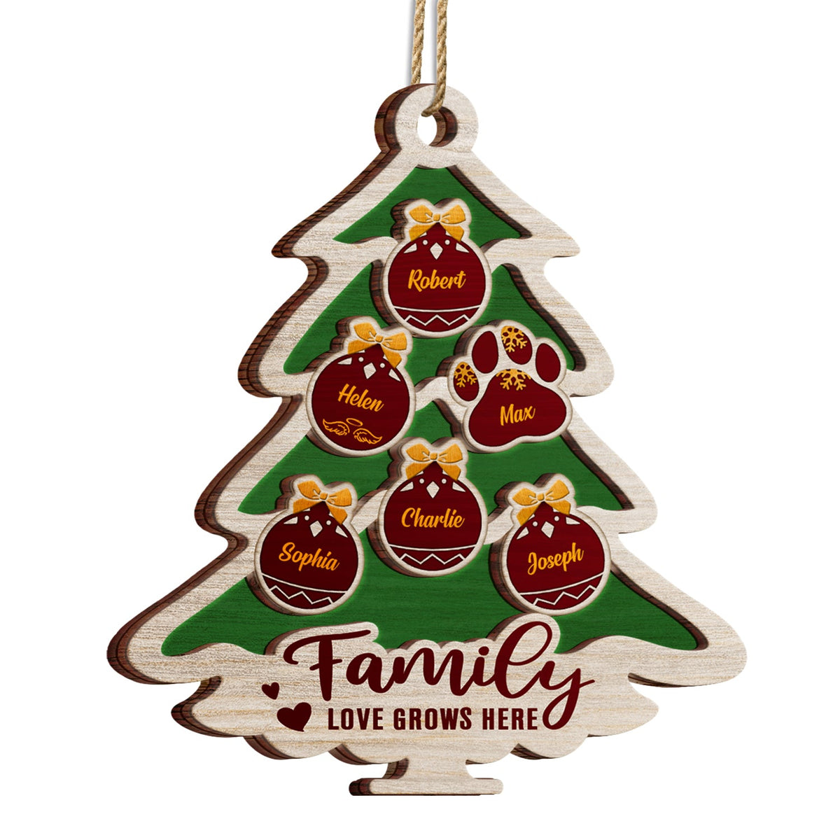 Tree Shape Love Grows Here - Holiday, Xmas, Christmas Gift For Family, Parents, Grandparents - Personalized 2-Layered Wooden Ornament