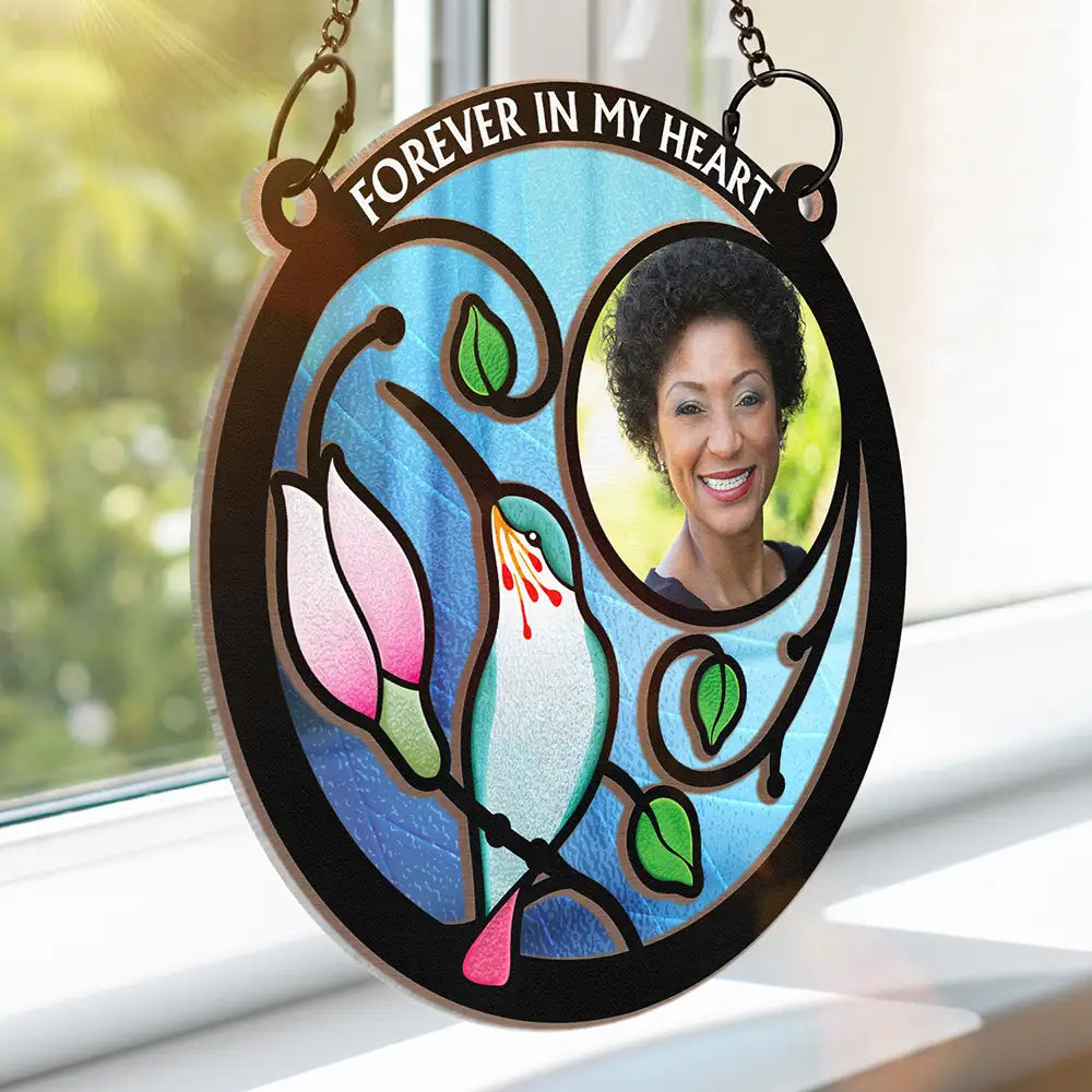 Custom Photo Hummingbird And Flower Memorial Parent -  Personalized Window Hanging Suncatcher Ornament