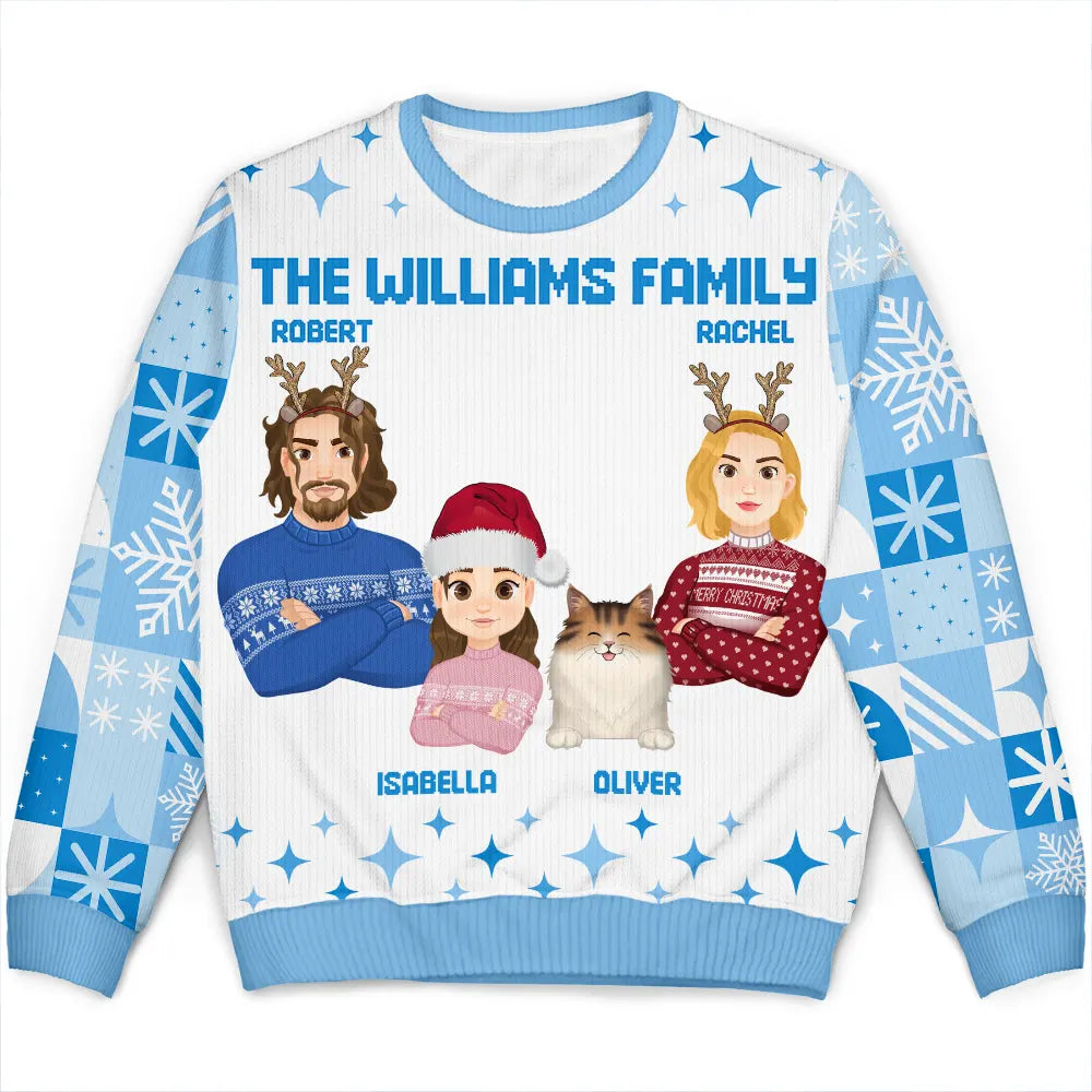 Flat Art Family Square Pattern Winter Christmas Tree - Personalized Unisex Ugly Sweater
