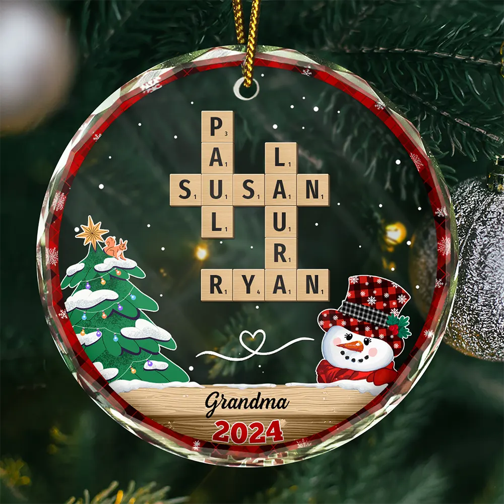 Papa Nana Snowman Crossword Scrabble - Personalized Circle Glass Ornament