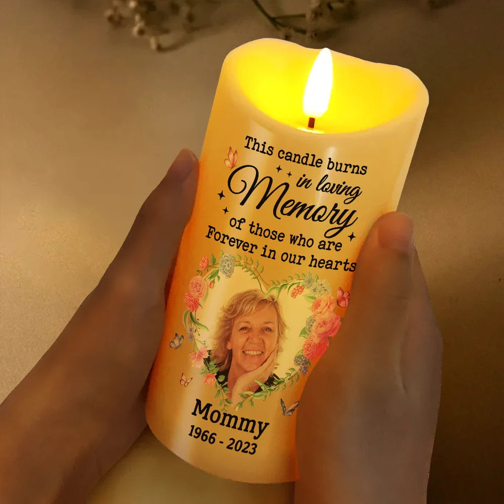 Memorial, Family - 
Custom Photo This Candle Burns In Loving Memory - Personalized Flameless LED Candle