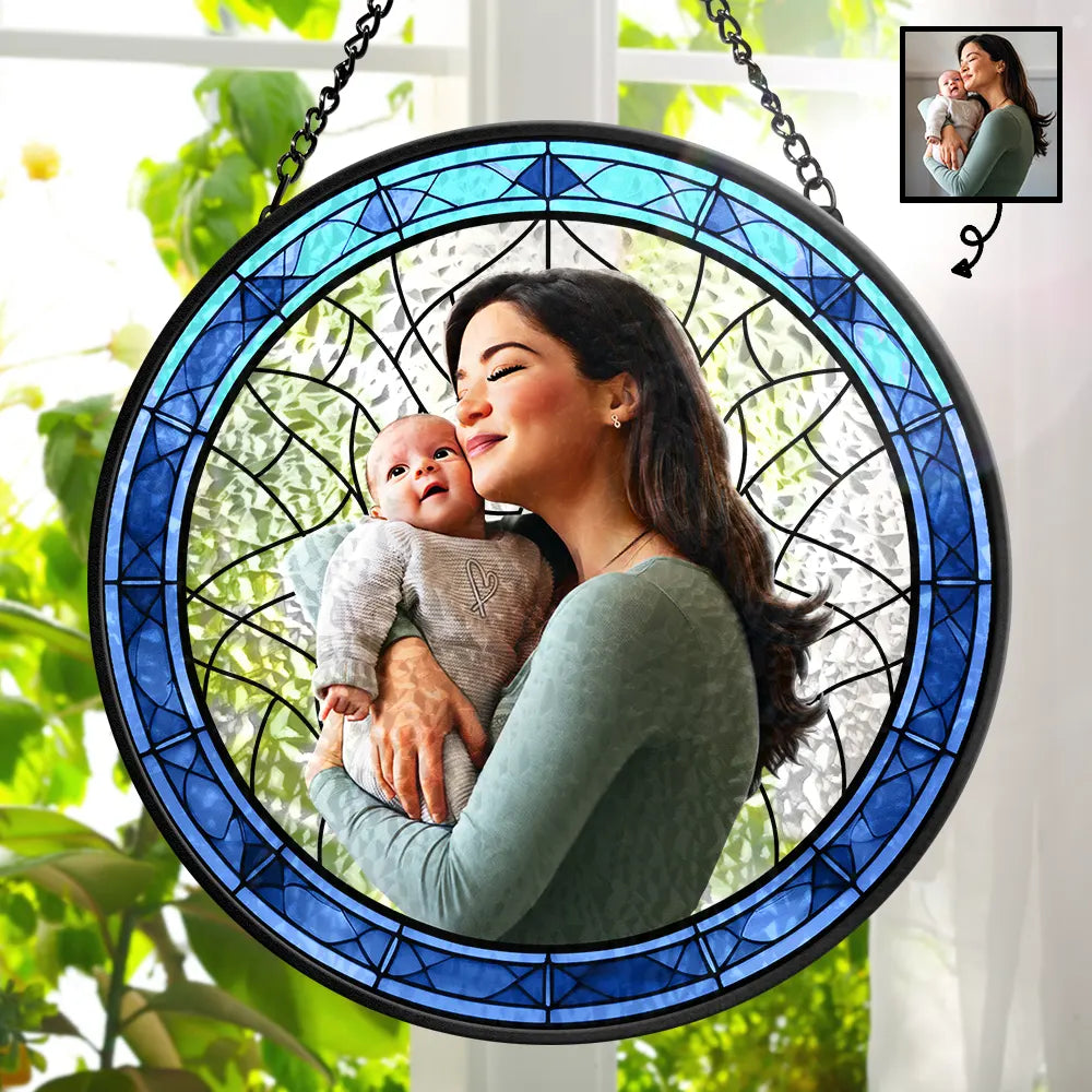 Custom Photo Cartoon Portrait Mom Mother Grandma - Personalized Stained Glass Window Hanging Suncatcher
