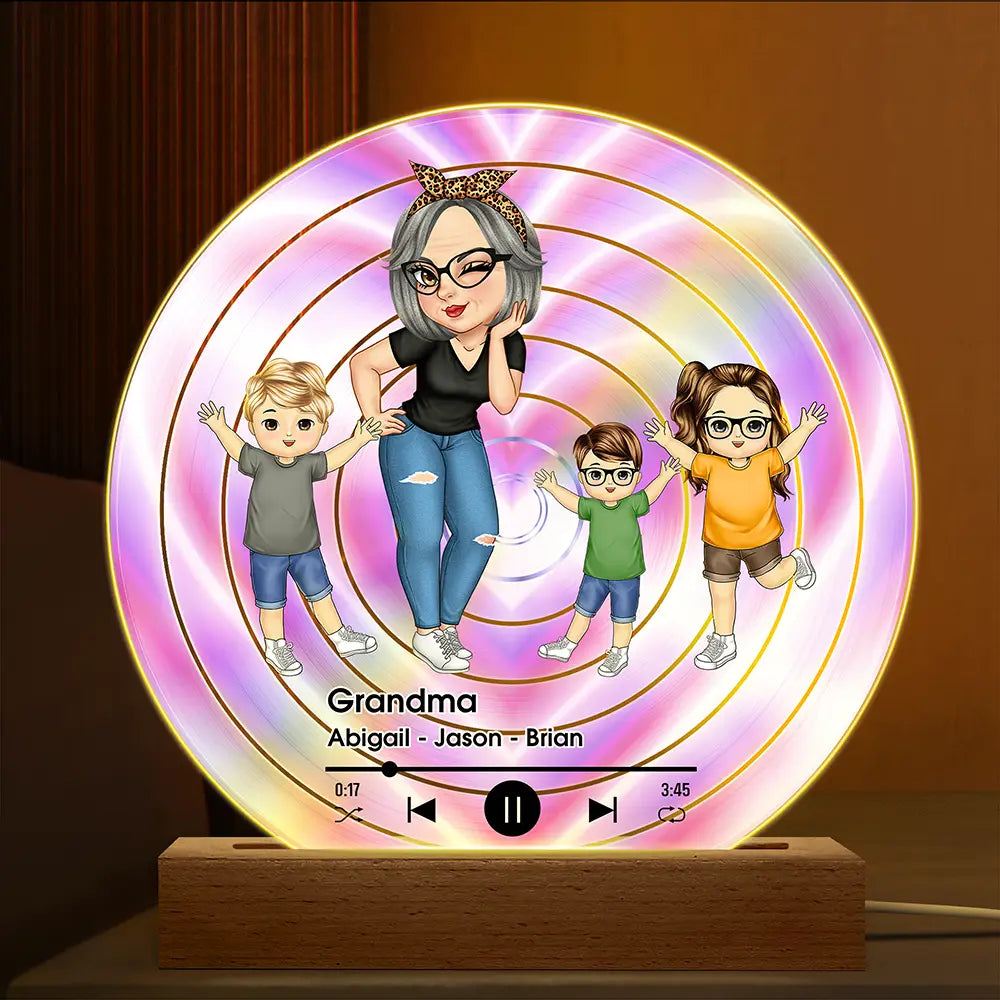 Turban Grandma Decorative Vinyl Record With Grandkids - Personalized 3D Led Light Wooden Base