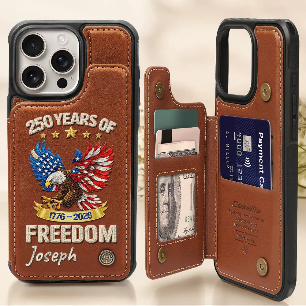 America 250 Years Of Freedom Embroidery Effect Prints - Personalized Leather Flip Wallet Phone Case