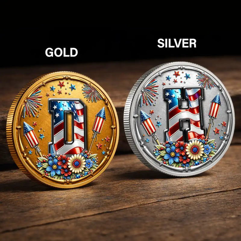 America 250th,Independence Day - America Stars And Stripes Monogram Initial Custom Name - Personalized Commemorative Keepsake Coin