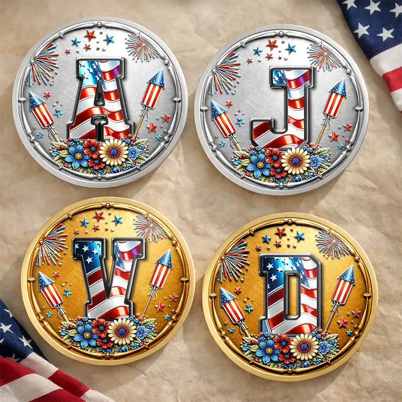 America 250th,Independence Day - America Stars And Stripes Monogram Initial Custom Name - Personalized Commemorative Keepsake Coin