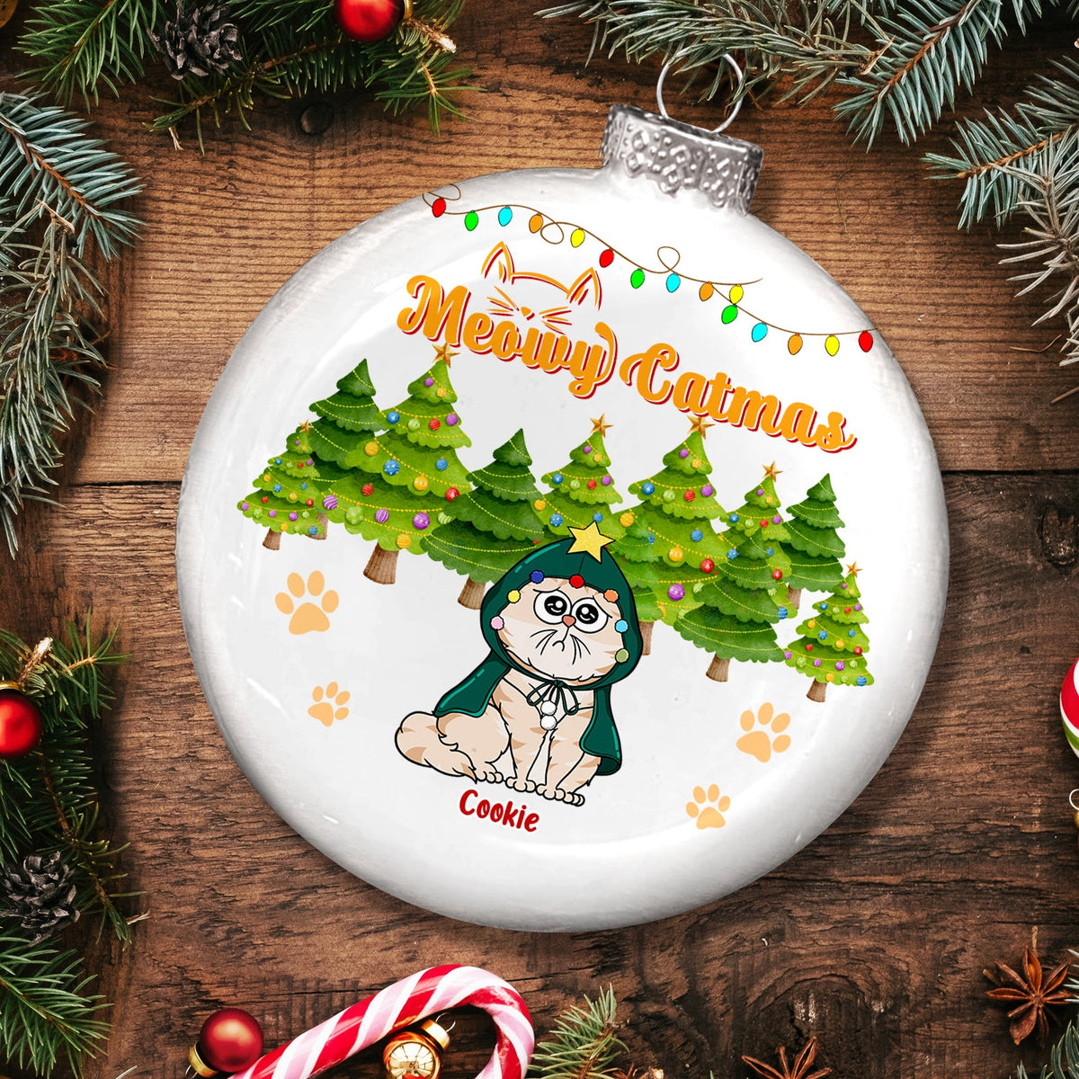 Meowy Catmas Funny Cartoon Cats - Christmas Gift For Cat Lovers - Personalized White Flat Ball Ornament