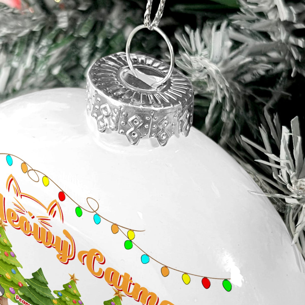 Meowy Catmas Funny Cartoon Cats - Christmas Gift For Cat Lovers - Personalized White Flat Ball Ornament