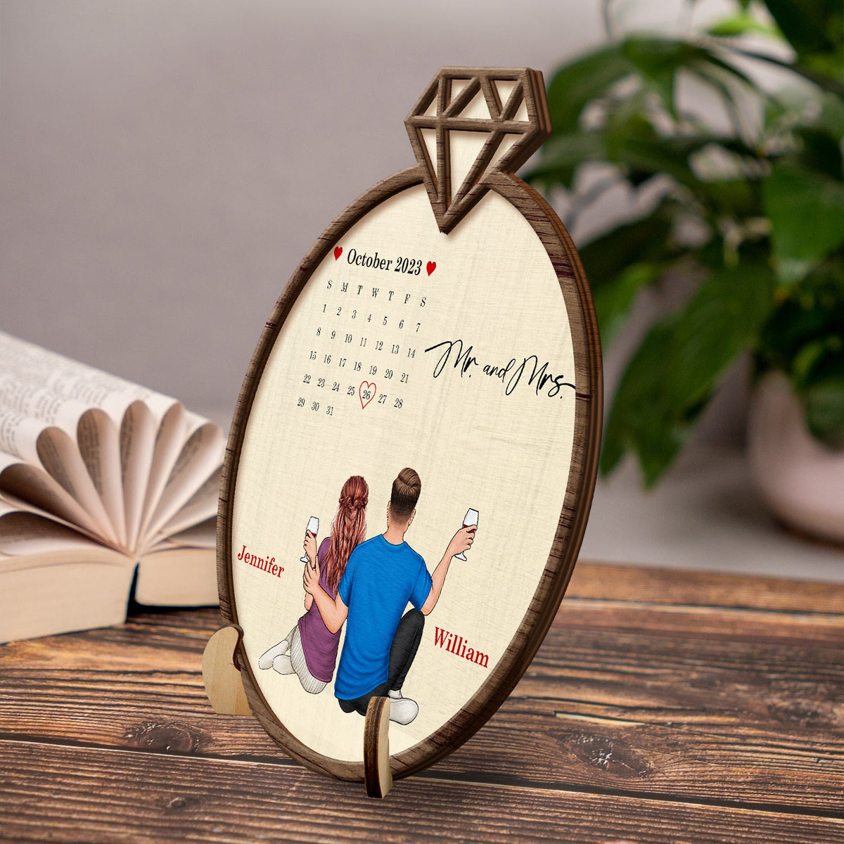 Couple Calendar Married Engaged - Gift For Couples - Personalized 2-Layered Wooden Plaque With Stand
