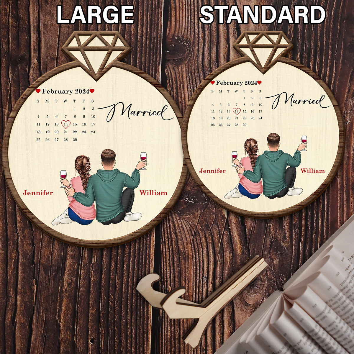 Couple Calendar Married Engaged - Gift For Couples - Personalized 2-Layered Wooden Plaque With Stand