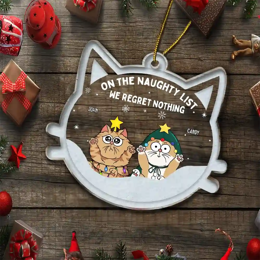Christmas Cat On The Naughty List We Regret Nothing - Personalized Custom Shaped Acrylic Ornament