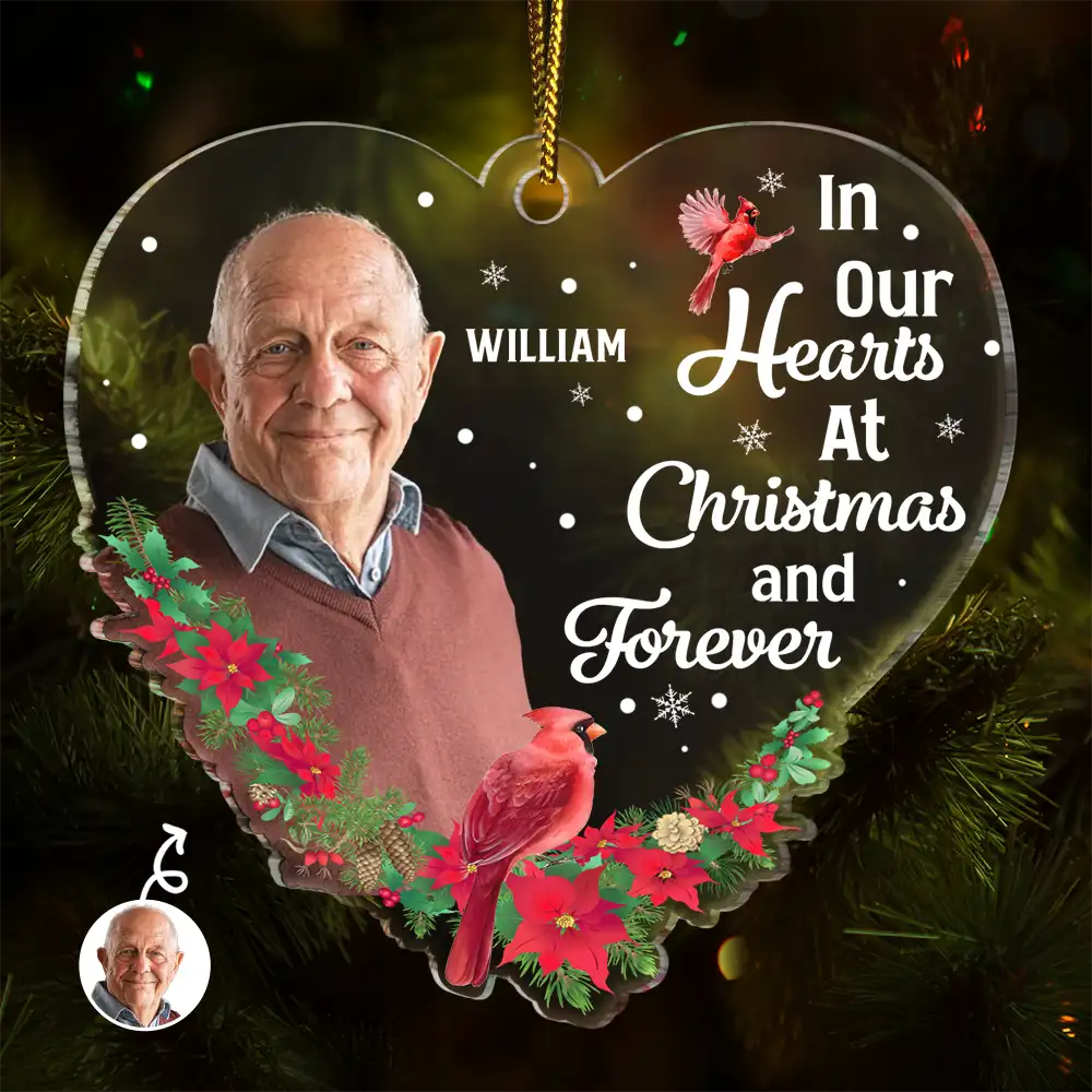 Custom Photo In Our Hearts At Christmas And Forever - Personalized Custom Shaped Acrylic Ornament